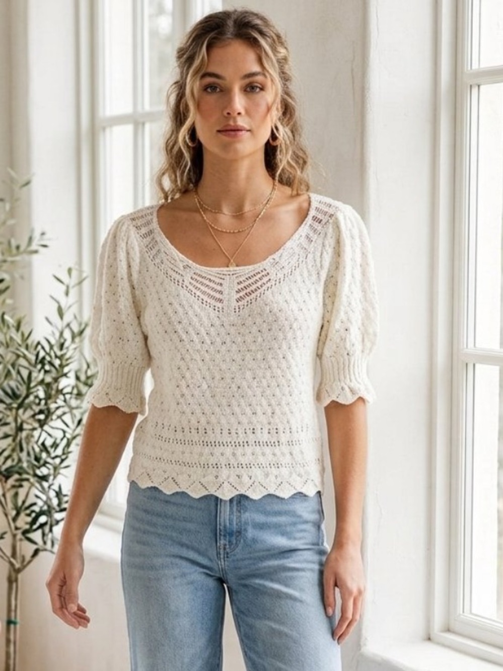 Natural Life Out & About Women's Cream Knit Scoop Neck Sweater Top Size Large